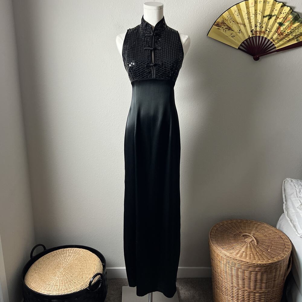 vintage black asian cheongsam mandarin collar sequin satin maxi dress gown